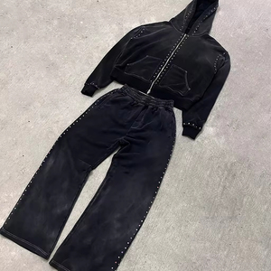 Custom Distressed <b>Zip</b> <b>up</b> Colorful Flared Sweatpants and Hoodie Sets Men Streetwear Rhinestone Tracksuit Acid Wash Sweatsuit - Product Image 2