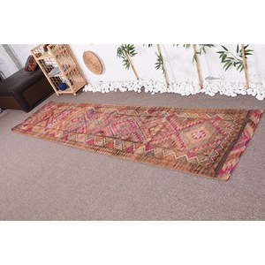 Tapis de laine bohème vintage de grande surface 2,6x10,5 pieds Orange rouge turc Patchwork Design 9x12 motif de couloir avec support en latex - Product Image 1