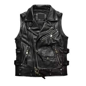 Gilet de moto respirant en cuir véritable pour homme, avec fermeture éclair diagonale et col à revers, sans manches, en cuir de vachette, service OEM pour l'hiver - Product Image 2