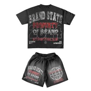 Lavage à l'acide sérigraphié personnalisé saison d'été décontracté deux pièces short et t-shirt ensemble sérigraphie surdimensionné hommes ensembles courts - Product Image 4