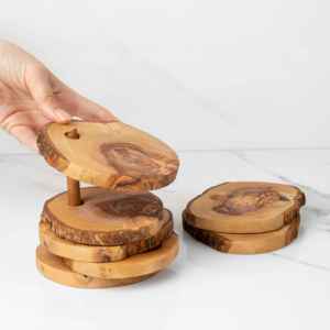 Ensemble de 6 sous-verres en bois d'olivier avec support, sous-verres ronds rustiques pour table basse, bar et restaurant, vente en gros - Product Image 3