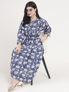 Vestido Maxi con estampado floral azul y blanco, mezcla de algodón, manga 3/4 con cuello de corbata, vestido de baile informal, cintura caída para el verano - Product Image 6