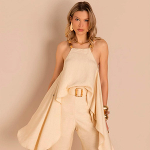 <b>Women</b> Halter Neck Top and Wide Leg Pants Set Sleeveless Two Piece Outfit Solid Color <b>Resort</b> <b>Wear</b> - Product Image 3