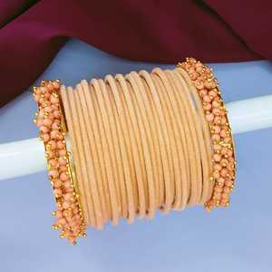 Bijoux indiens en gros fausse perle perlée velours bracelet de mariée ensemble de bracelets pour femmes bijoux en plaqué or, couleur pêche - Product Image 2