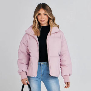 Blouson bomber rose clair pour femme, automne, court, en denim tissé, chaud, épais, matelassé, à capuche, confortable, décontracté, vêtements d'extérieur pour temps froid - Product Image 1