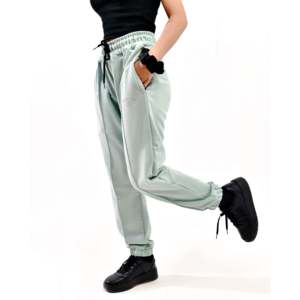 Pantalon plissé taille haute pour femme, coupe droite, en tissu éponge respirant, avec fermeture élastique à la taille, couleur menthe lavée - Product Image 3