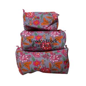 Vintage Hand block Print Affordable High Quality <b>Quilted</b> <b>Makeup</b> Pouch Set Handcrafted & Trendy pouch set with zipper closure - Product Image 1
