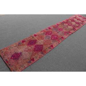 2.4x13.4 ft Vintage Rug, Turkish <b>Runner</b> Rug, <b>Red</b> Blue Moroccan Rug - Product Image 2