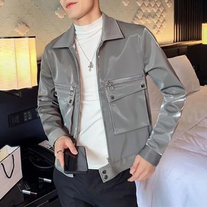 Veste en cuir pour homme Veste en cuir de moto avec poche zippée Veste d'automne à paillettes style coréen Vêtements unisexes pour homme - Product Image 3