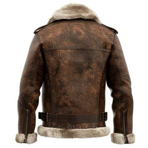 Veste pour homme en peau de mouton véritable vieilli marron, doublée de fausse fourrure sherpa, chaude, style pilote bombardier en cuir - Product Image 5