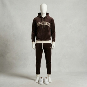 <b>Mens</b> Dark Brown Hoodie Tracksuit Set Cream Contrast Hem <b>Pullover</b> Sweatshirt Jogger Pants Casual Sportswear Gym Training - Product Image 1