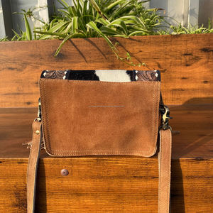 New Handcrafted <b>Tooled</b> & Tan Suede <b>Leather</b> Fringe Small Crossbody Bag for Women's Western Hair on Cowhide Floral Shoulder Purse - Product Image 5