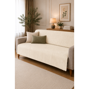 Funda de Sofá de Poliéster Crema Antideslizante a Rayas, Lavable, Protección para Muebles del Hogar, para Sofás de Tres y Cuatro Plazas - Product Image 1