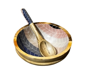 Cuenco de Chevron urbano, cuencos de ensalada de madera decorativos hechos a mano de madera con mango, utensilios para servir, accesorio de comedor de madera - Product Image 4