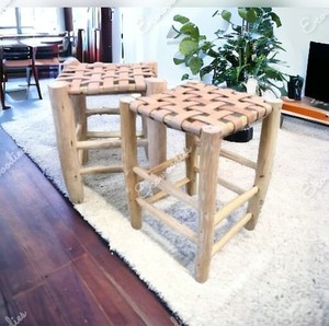 Moroccan Bamboo Woven Foot <b>Stool</b> with Beautiful Stained Leather <b>Stool</b> Living Room Entry Outdoor <b>Garden</b> Use Bone Inlay Console - Product Image 2