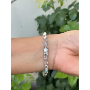Bracelet en argent 925 avec pierre de lune arc-en-ciel, plaqué or, perles, or rose et diamants, style religieux tendance, cadeau idéal - Product Image 3