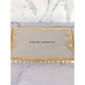 Conception de plateau de serveur de nourriture en marbre à cadre en métal poli doré de grande qualité en gros de table décorative de mariage - Product Image 1