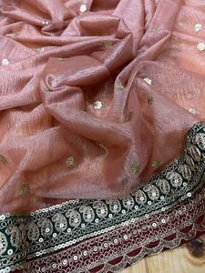 Elegante Saree de Seda Crush Banarasi para Adultos con Lentejuelas, Cordones, Bordado y Diseño de Encaje en el Borde, Transpirable y Ecológico - Product Image 2