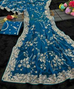 ชุดผ้าส่าหรีสำหรับงานปาร์ตี้ปักเลื่อมสีฟ้าแบบนุ่มทันสมัย - Product Image 1