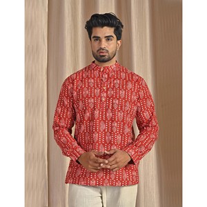 Kurta court en coton popeline rouge imprimé pour homme, chemise décontractée à manches longues, respirante et confortable - Product Image 1