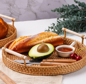 Wholesale Beautiful Design Natural Handcrafted Rattan <b>Trays</b> <b>Round</b> <b>Tray</b> with Rattan Handles ODM Made in Vietnam - Product Image 5