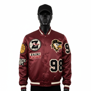 Chaqueta Bomber Satinada de Alta Calidad, 300 GSM, Color Granate, Estilo Atlético, con Parche de Chenilla Personalizado y Logotipo Bordado, para Hombre - Product Image 1