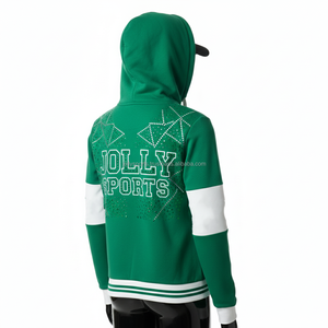 Sweat à capuche zippé pour femme en coton doux et polaire polyester, design à panneaux vert et blanc, logo personnalisé, décoration en strass, sweat à capuche basique avec fermeture éclair - Product Image 4