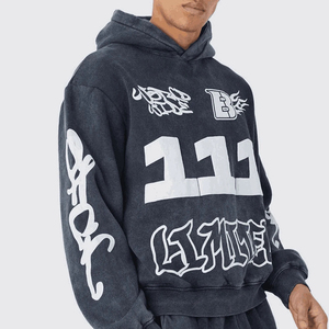 IRON MARK INDUSTRIES ชุดเซ็ตเสื้อฮู้ดดี้และกางเกงวอร์มสำหรับคนท้อง แบบยูนิเซ็กซ์ ลายพิมพ์ย้อมสีเอซิด 2 in 1 สำหรับฤดูหนาว พร้อมงานปักลายและตกแต่งแบบดิสเทรส - Product Image 4