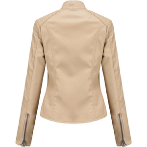 Women's Beige PU <b>Leather</b> Moto <b>Jacket</b> Full Sleeve Stand Collar Zipper Closure Regular Fit Autumn Style - Product Image 1