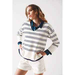 Suéter Blanco Informal de Punto con Rayas Azul Marino, Transpirable, Talla XS, para Invierno, con Decoración de Logotipo Frontal - Product Image 3