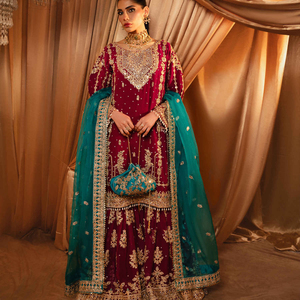 Chemise brodée à col complet à prix abordable avec évasée Gotta Work Sharara & Contrast Color Lace Embroidery Dupatta Sets - Product Image 2