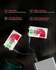 EBL şarj edilebilir 9 V piller 4 paket 600mAh 9 Volt lityum pil ile USB-C şarj kablosu duman dedektörü hızlı şarj için - Product Image 2