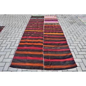 Turkish Vintage Rug, Large 4.7x10.1 ft (143x307 cm) Rug, <b>Red</b> Abstract <b>Wool</b> Rug - Product Image 1