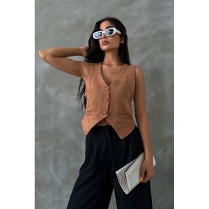 TOPSHOW Women's <b>Black</b> Suede <b>Vest</b>, Elegant Solid Color Sleeveless Outerwear for Casual and Stylish Fashion, Sizes S-XL - Product Image 2