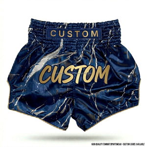Shorts de Muay Thai personnalisés en satin bleu avec texte personnalisé et imprimé marbré doré complexe – Vente en gros de shorts de Muay Thai - Product Image 6