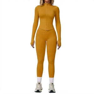 <b>Women</b>’s Fitness Clothing Set Long Sleeve Zip Front Top High Waist <b>Leggings</b> Workout Training Activewear - Product Image 1