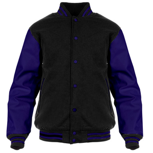 Chaqueta universitaria personalizada de lana negra con mangas de cuero lavanda de estilo americano, chaqueta de béisbol universitaria personalizada para hombres - Product Image 5