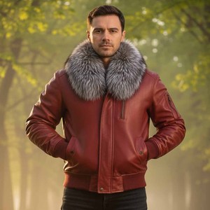 Blouson en cuir pour homme LEATHER SPOT, style motard, col en fourrure de renard, motif à carreaux, capuche, été, décontracté, respirant, polyester - Product Image 4