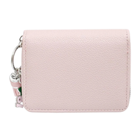 Dompet AKA Pink & Green dengan Gantungan Kunci Rumbai dan Liontin Daun Ivy, Dompet Resleting Kulit Imitasi, Tempat Kartu, Dompet Koin