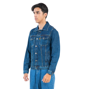 Veste en jean bleu délavé classique pour homme, style camionneur, boutonnée, manches longues, coupe droite, décontractée, en coton, avec poches poitrine, pour l'automne - Product Image 3