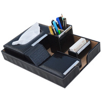 Organizer Meja Kulit PU 6-in-1 Multifungsi Kotak Penyimpanan Meja Kantor Tempat Pena Tempat Kartu Nama Tempat Ponsel Set Hadiah Kustom