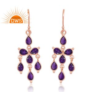 Boucles d'oreilles pendantes en argent sterling 925 plaqué or rose 18 carats avec améthyste naturelle, bijoux demi-fins pour femmes, personnalisés en Inde - Product Image 1