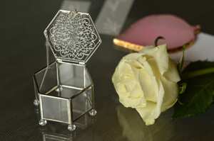 Magnifique boîte à bijoux de forme hexagonale avec cadre en métal fini argent parfait pour stocker des bagues, des colliers et des accessoires fins - Product Image 3