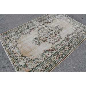 Alfombra turca clásica vintage de lana de retazos beige y verde con respaldo de látex hecha a mano, alfombras rectangulares de mesa auxiliar de 4 '9 "x 7' 3" - Product Image 2