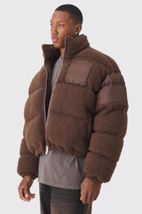 Nouveauté, blouson à col entonnoir Borg & nylon avec logo personnalisé en chocolat, veste coupe-vent matelassée en duvet pour hommes, hiver - Product Image 2