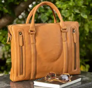 High Quality Cow Tumble Wash Genuine Leather Tan Laptop Bag Briefcase for Men Office Bag