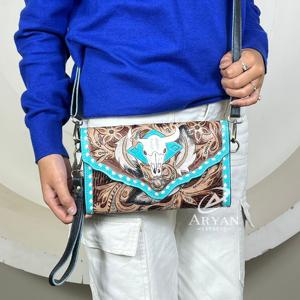 2026 Premium Hand Tooled Cow Leather Mini Crossbody <b>Bag</b> <b>Vintage</b> Style Designer Rfid Skull & Floral Pattern <b>Clutch</b> <b>Bag</b> For Women - Product Image 1
