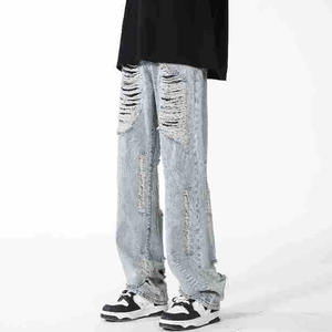 Jeans en denim bleu pour homme, déchirés, patchwork, coupe droite, ample, pour homme - Product Image 2