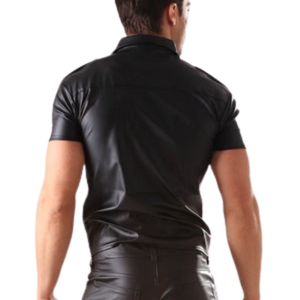 Chemise à manches courtes en similicuir pour homme, style noir, faux cuir, vêtements de club fétichistes, boutonnière sur le devant - Product Image 4