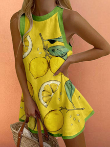 Abito estivo casual da donna in stile bohémien, comodo, senza maniche, con motivo a foglie di limone a blocchi di colore - Product Image 5